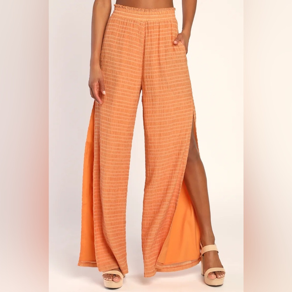 Lulus Smock and Roll Orange Striped Smocked Slit Wide-Leg Pants